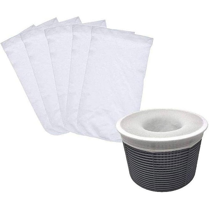 Set 5 Saculeti Skimmer Piscina, Nylon Elastic, Alb, 13x22cm