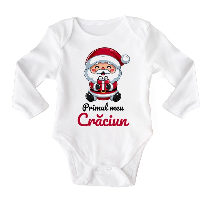 Body cu maneca lunga personalizat cu Mos Craciun si mesaj - Primul meu Craciun, 68 cm