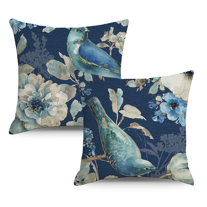 Комплект от 2 декоративни калъфки за възглавници Art Deco, мотив Floral&Birds, аква синьо, 45x45см