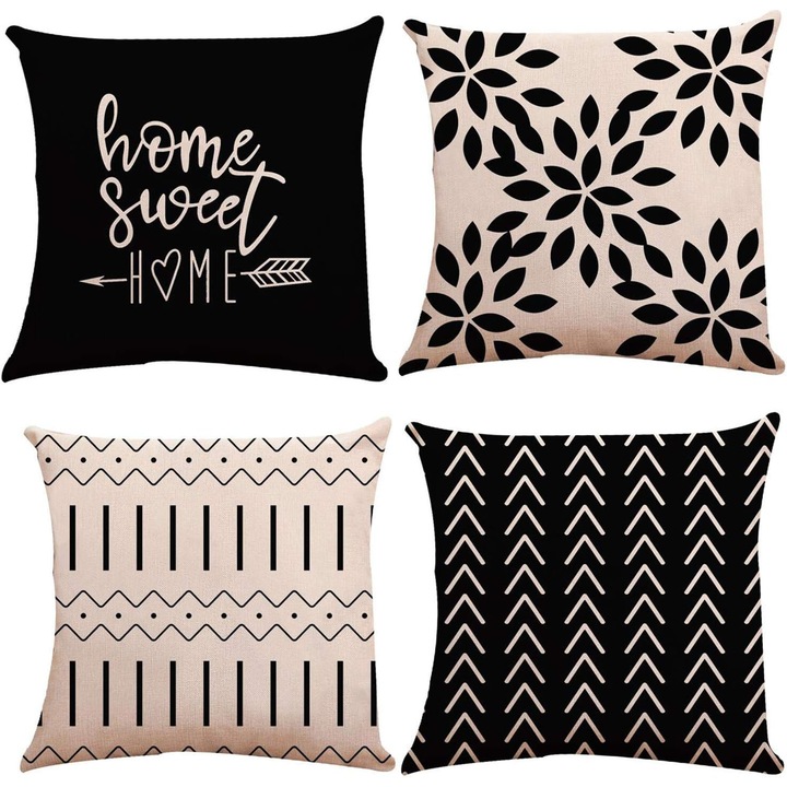 Set 4 fete pentru perne decorative, exterior/interior, in, negru/bej, 45x45cm