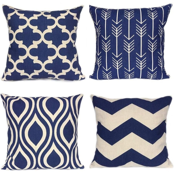Комплект 4 декоративни калъфки за възглавници, 45х45 см, памук/лен, тъмносини с бежов фон