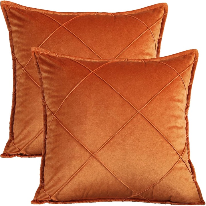 Set 2 huse pentru perne din catifea/fibre poliester, 45x45 cm, Portocaliu