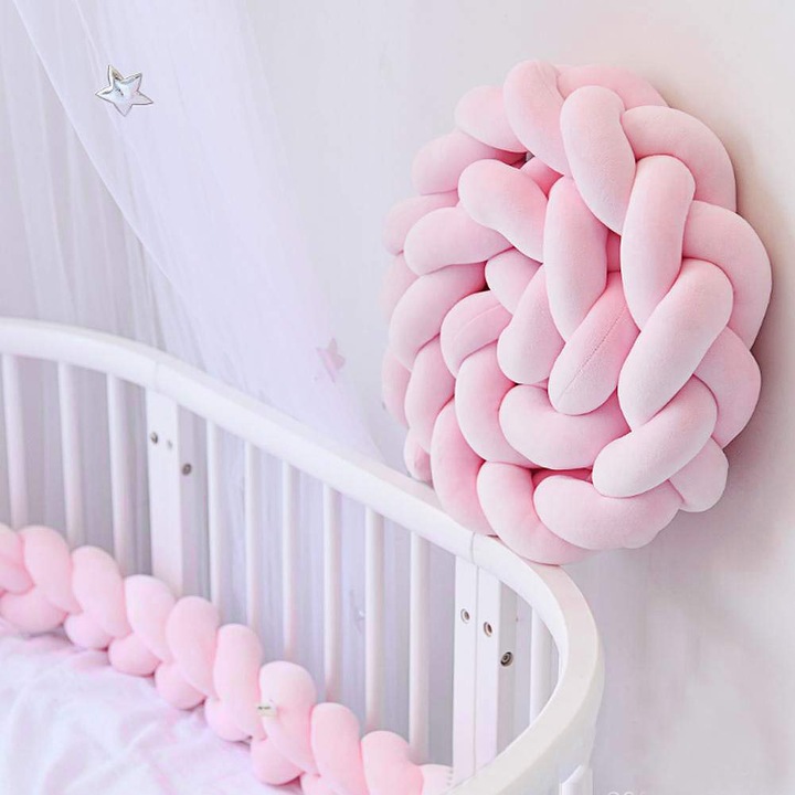 Protectie laterala patut bebelusi, impletita, Bumper, roz, lungime 2 m, material antialergic, roz, Funny Party Team®