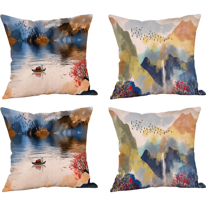 Комплект 4 декоративни калъфки за възглавници Jormftte, landscape style памук, многоцветни, 45x45см