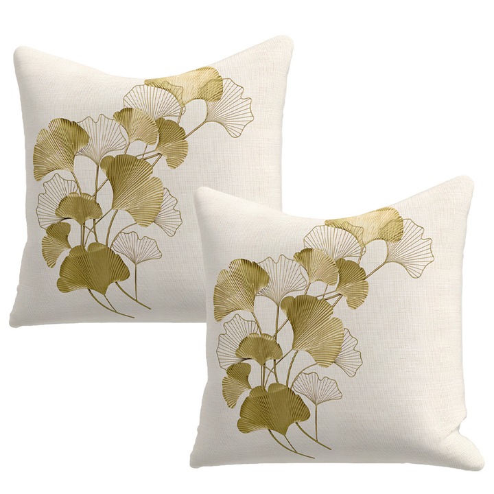 Set 2 fete de perna decorative, frunza de ginkgo, catifea, bej/auriu, 45x45cm