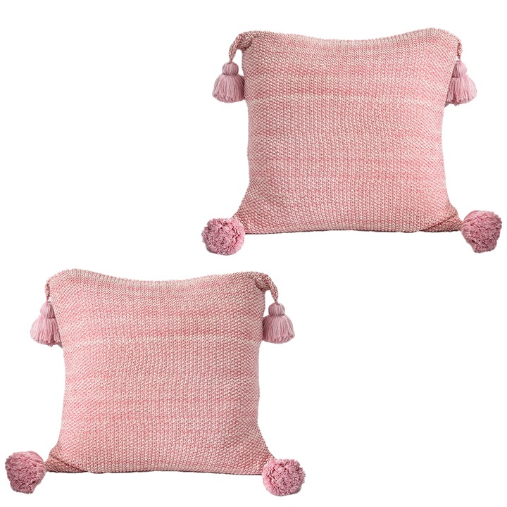 2 buc. Fata de perna decorativa cu ciucuri lucrata manual, fata de perna pentru canapea extensibila in living, roz