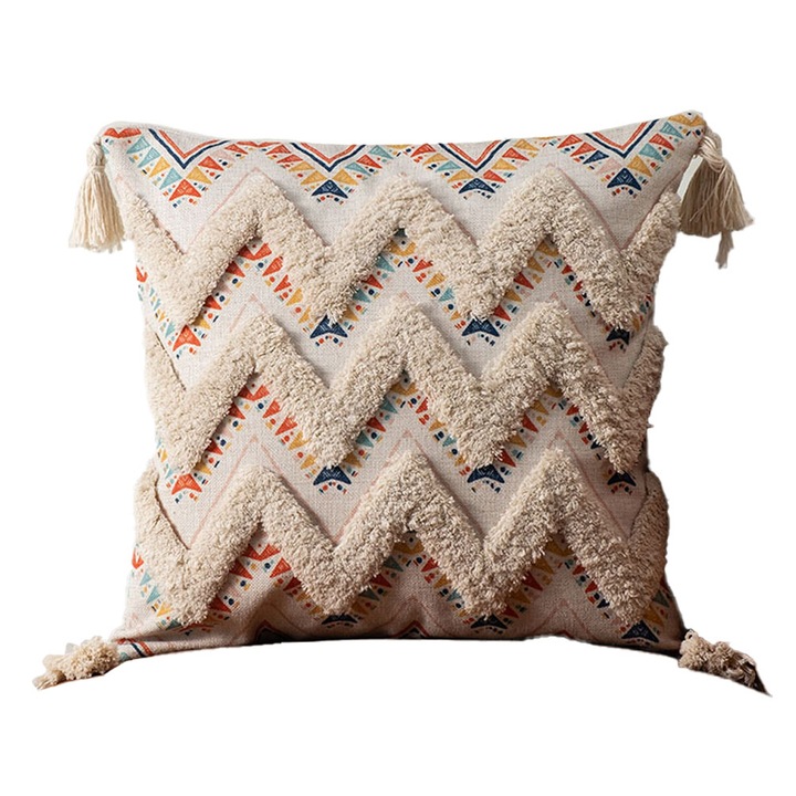 Dekoratív párnahuzat, QttvbTna, pamut/vászon, rojtok, boho-farmhouse stílusú, 45 x 45 cm, Többszínű