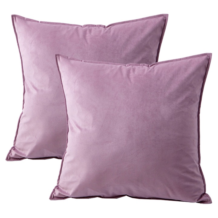 Set 2 perne decorative, 45x45cm, catifea, mov, umplutura din bumbac, lavabil in masina