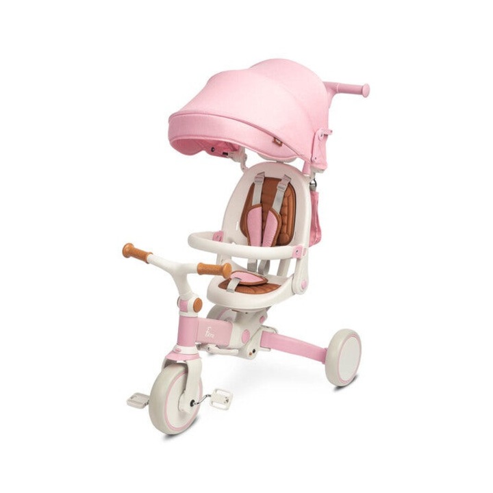 Tricicleta pentru copii cu parasolar si scaun inlus, 2 in 1, Toyz by Caretero, Faro Pink, sarcina maxima 25 kg, alb/roz