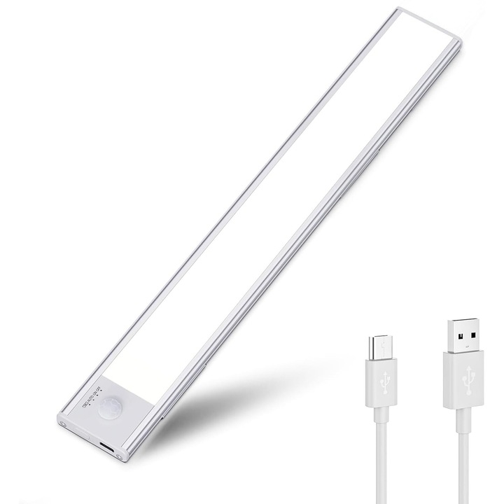 Ултратънка интелигентна LED лампа, сензор за движение, 50 см, 192 светодиода, USB зареждане, подходяща за съблекалня, кухненски шкаф, баня, коридор, стълбище, Бяла светлина