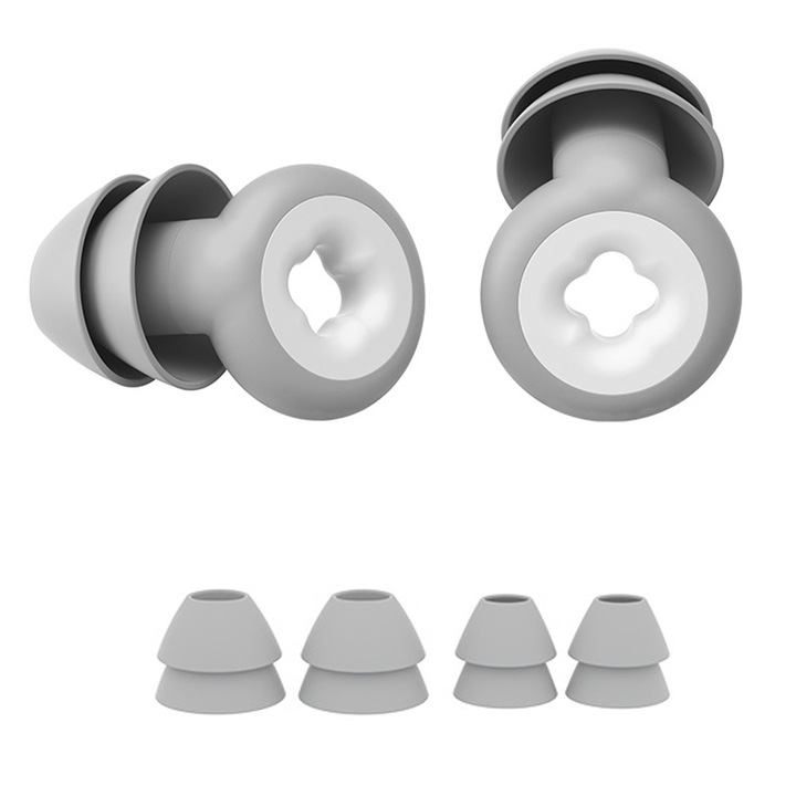 Тапи за уши за спане 2 бр., Redkid®, резервен пакет от 4 бр., намаляване на шума, защита на слуха, водоустойчиви за плуване, за многократно пълнене, силикагел, за многократна употреба, с калъф, сив