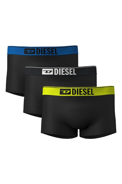 Diesel, Set de boxeri din amestec de bumbac cu banda logo in talie - 3 perechi, Negru/Albastru inchis/Verde lime
