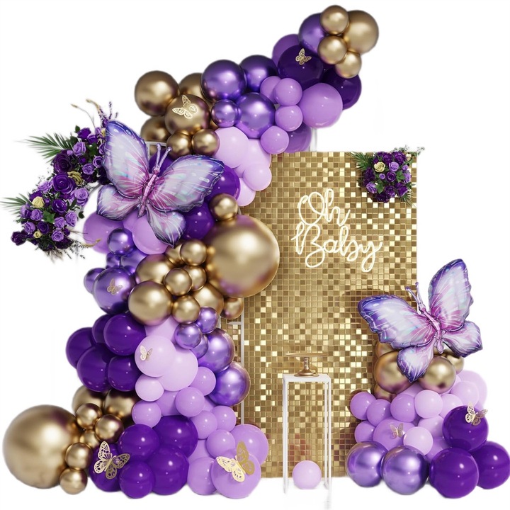Arcada baloane Fluturi 163 accesorii, 147 baloane latex diverse dimensiuni, 2 fluturi 108 cm, 12 accesorii fluturasi aurii, Kit asamblare, Mov/auriu