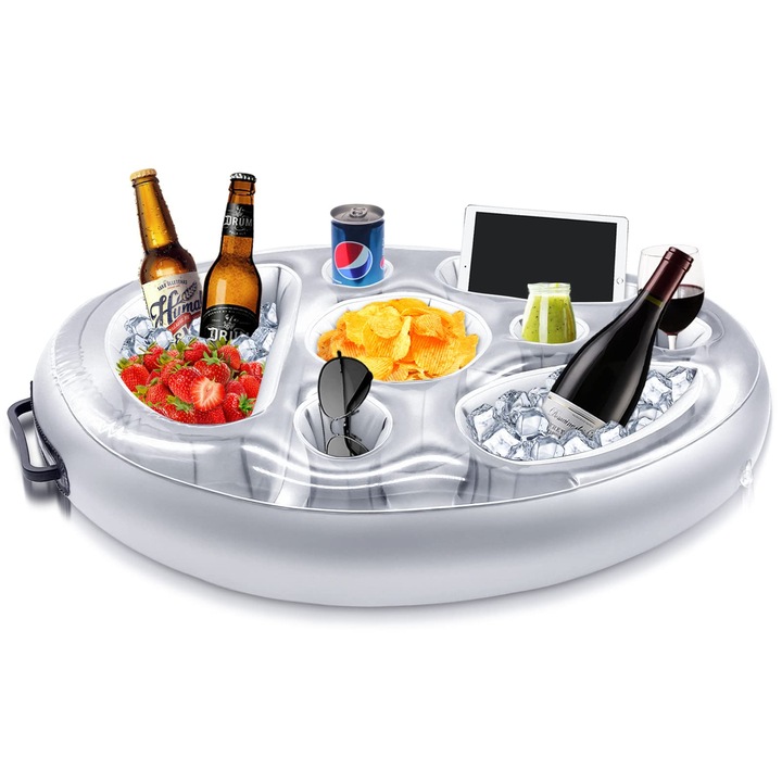 Tava plutitoare pentru piscina, dimensiune 70x50 cm, material PVC rezistent si impermeabil, culoare gri elegant, suport stabil pentru bauturi, gustari sau accesorii, ideala pentru relaxare la piscina, jacuzzi, plaja sau vacante de vara