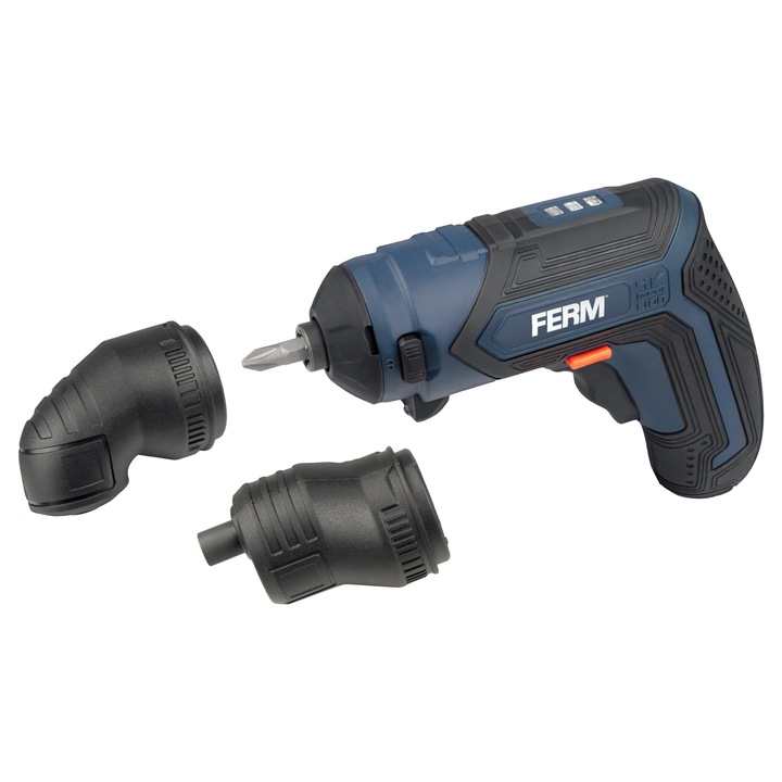 Surubelnita cu acumulator 4V FERM, CDM1163, adaptor la 90 grade si adaptor cu excentric incluse, 9 varfuri si adaptor magnetic, in cutie de transport