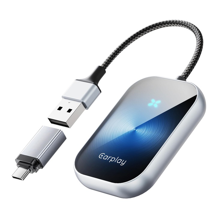 Безжичен адаптер за кола, поддръжка на Android и Apple Carplay, многофункционален, с AI процесор, автоматична връзка, WiFi 5,8 GHz, лесна Plug and Play конфигурация, гласово управление, USB-A/C връзка, син цвят