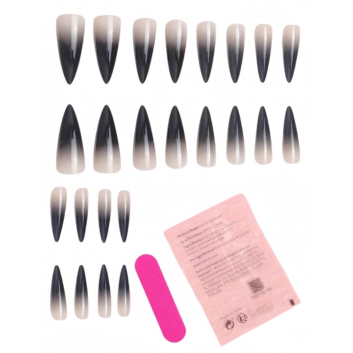 Set 24 Unghii de Halloween, false, Tips Press-on, Adezive, Reutilizabile, Manichiura Rezistenta, Gri