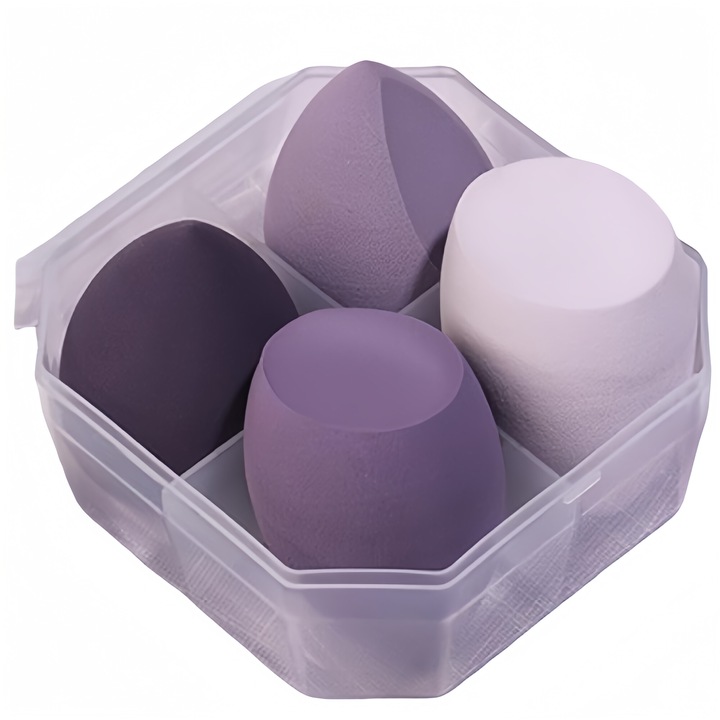 4 db szépségszivacs készlet sminkhez/Beauty Blenderhez, 4 szett szivacs arcra, korrektorhoz, púderhez, krémhez, folyékony sminkhez, puha és újrafelhasználható, nem latex, többszínű, lila