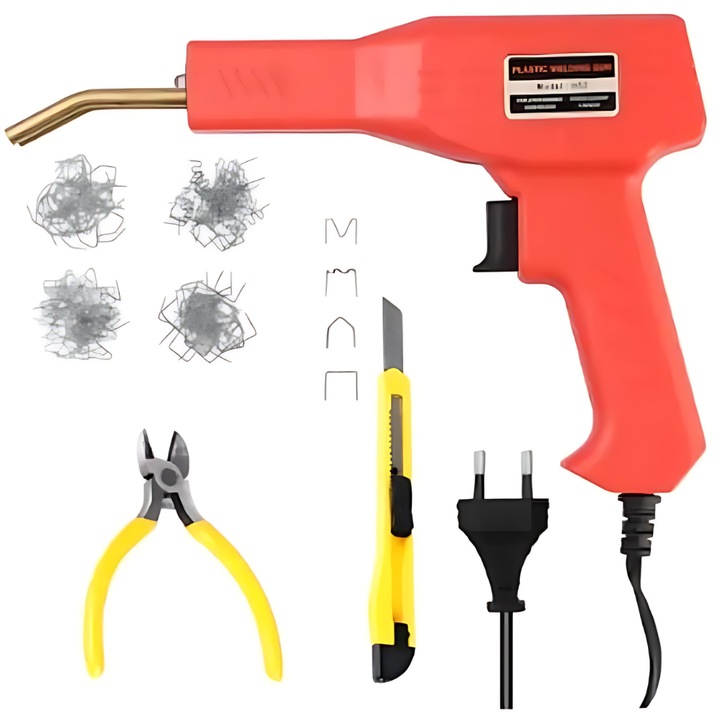 Trusa Aparat Profesional de sudat plastic/polipropilena Promerco®, capse de intarire, cleste, cutit de uz general, cu geanta de transport, putere 50W, culoare rosu