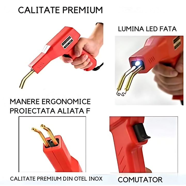 Trusa Aparat Profesional de sudat plastic/polipropilena Promerco®, capse de intarire, cleste, cutit de uz general, cu geanta de transport, putere 50W, culoare rosu