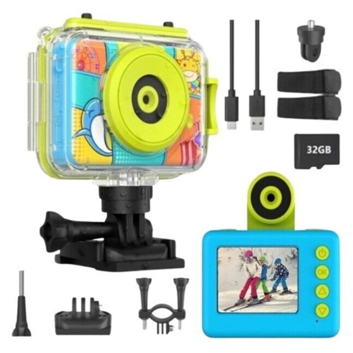 Madynik™ Детска видеокамера и камера, HD 1080P, 2-инчов IPS екран, водоустойчива, защита за очите, калъф, включена 32GB карта памет, многоцветно синьо