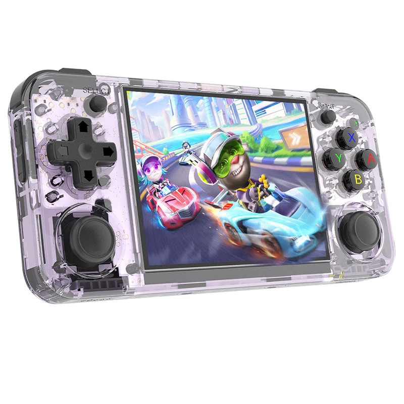 Consola retro ANBERNIC RG35XX H 64GB cu jocuri, stock OS, quad core 1.5GHz, 1GB LPDDR4, IPS LCD 3.5" 640x480, 3300 mAh, WiFi 5, Bluetooth 4.2, portabila, mov transparent