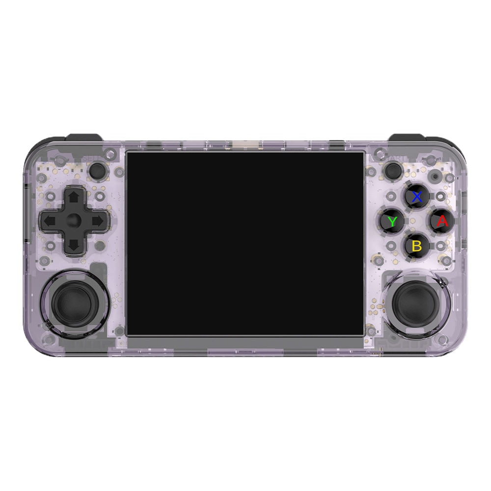 Consola retro ANBERNIC RG35XX H 64GB cu jocuri, stock OS, quad core 1.5GHz, 1GB LPDDR4, IPS LCD 3.5" 640x480, 3300 mAh, WiFi 5, Bluetooth 4.2, portabila, mov transparent