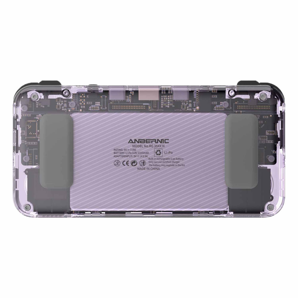Consola retro ANBERNIC RG35XX H 64GB cu jocuri, stock OS, quad core 1.5GHz, 1GB LPDDR4, IPS LCD 3.5" 640x480, 3300 mAh, WiFi 5, Bluetooth 4.2, portabila, mov transparent