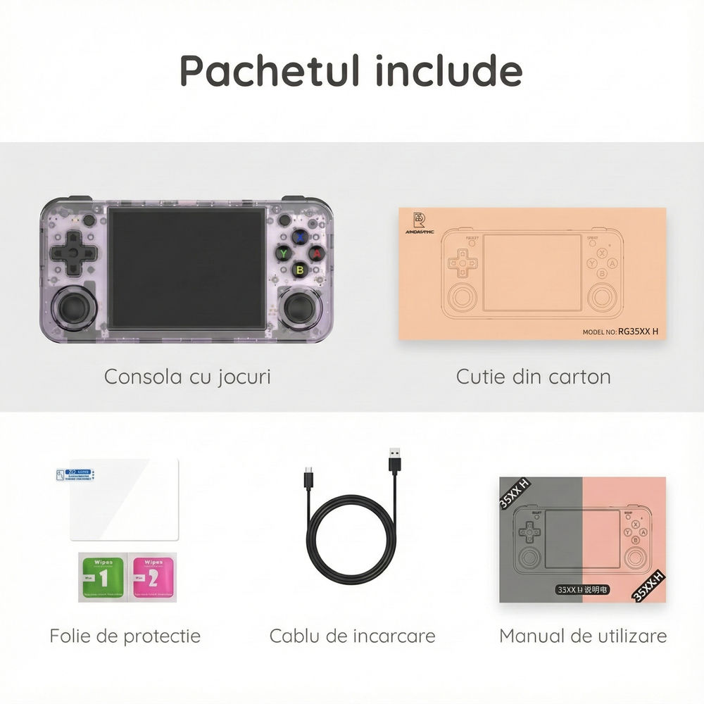 Consola retro ANBERNIC RG35XX H 64GB cu jocuri, stock OS, quad core 1.5GHz, 1GB LPDDR4, IPS LCD 3.5" 640x480, 3300 mAh, WiFi 5, Bluetooth 4.2, portabila, mov transparent