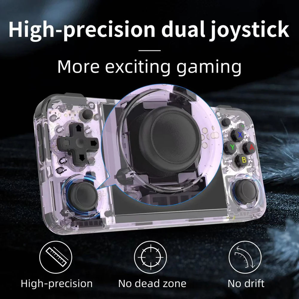 Consola retro ANBERNIC RG35XX H 64GB cu jocuri, stock OS, quad core 1.5GHz, 1GB LPDDR4, IPS LCD 3.5" 640x480, 3300 mAh, WiFi 5, Bluetooth 4.2, portabila, mov transparent