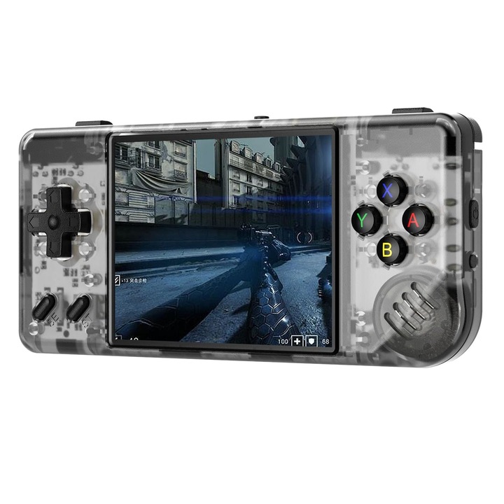 Consola retro portabila Anbernic RG28XX 64GB cu jocuri, quad core Cortex-A35 1.5GHz, 1GB LPDDR4, IPS LCD 3.5" 640x480, 3100 mAh, negru transparent