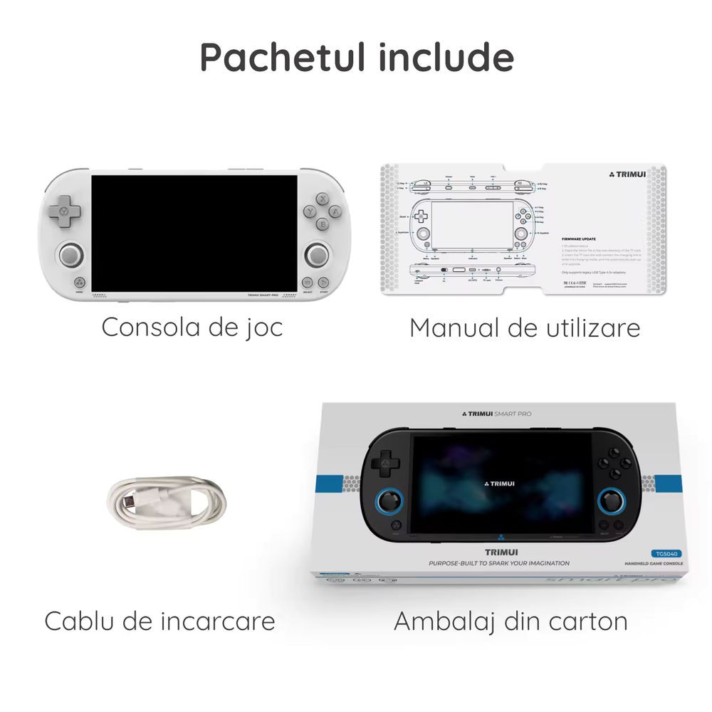 Consola retro portabila TRIMUI Smart Pro cu jocuri, quad core Cortex-A35 1.8GHz, 1GB LPDDR4, IPS LCD 4.96" 1280x720, 5000 mAh, WiFi 5, alb
