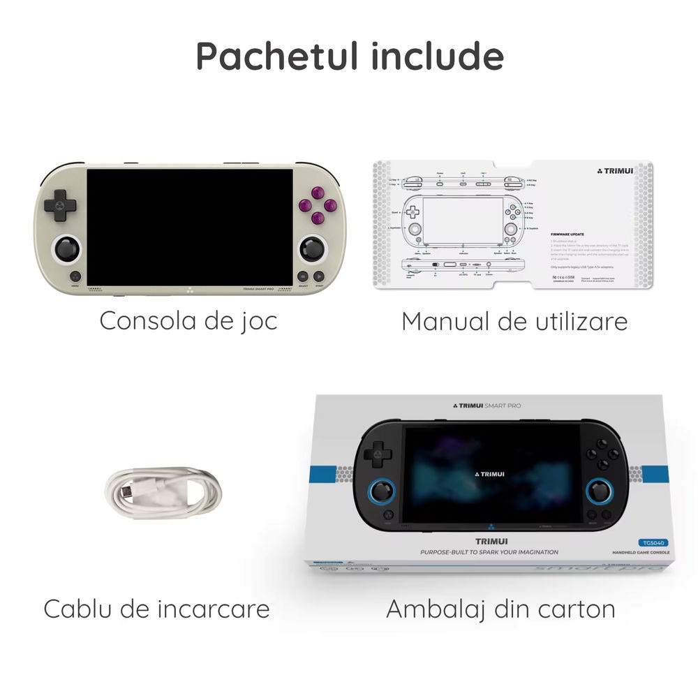 Consola retro portabila TRIMUI Smart Pro cu jocuri, quad core Cortex-A35 1.8GHz, 1GB LPDDR4, IPS LCD 4.96" 1280x720, 5000 mAh, WiFi 5, gri