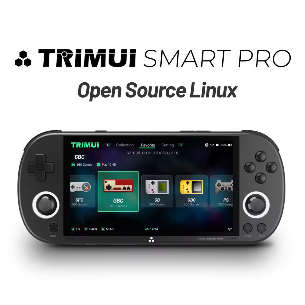 Consola retro portabila TRIMUI Smart Pro cu jocuri, quad core Cortex-A35 1.8GHz, 1GB LPDDR4, IPS LCD 4.96" 1280x720, 5000 mAh, WiFi 5, negru
