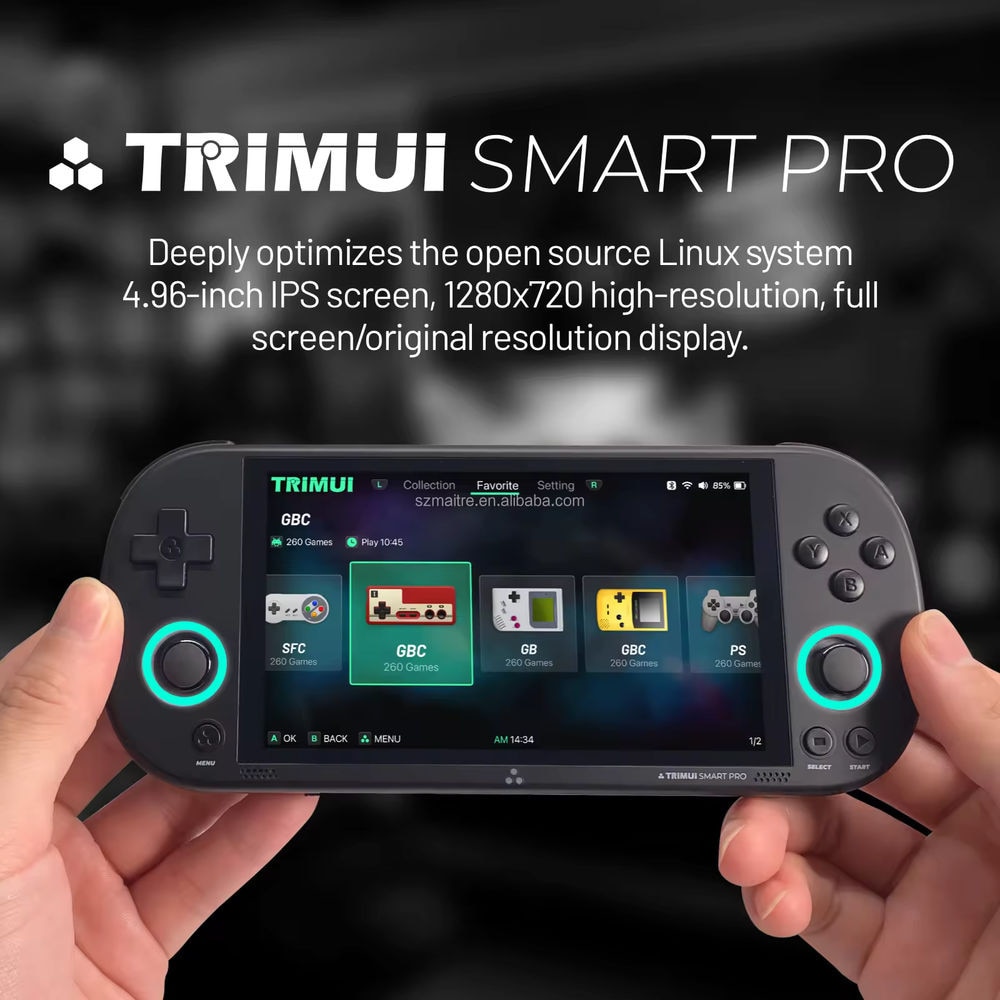 Consola retro portabila TRIMUI Smart Pro cu jocuri, quad core Cortex-A35 1.8GHz, 1GB LPDDR4, IPS LCD 4.96" 1280x720, 5000 mAh, WiFi 5, negru