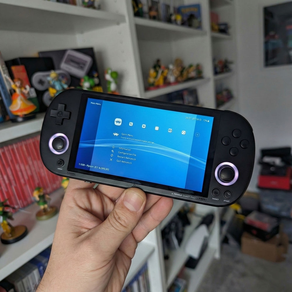 Consola retro portabila TRIMUI Smart Pro cu jocuri, quad core Cortex-A35 1.8GHz, 1GB LPDDR4, IPS LCD 4.96" 1280x720, 5000 mAh, WiFi 5, negru