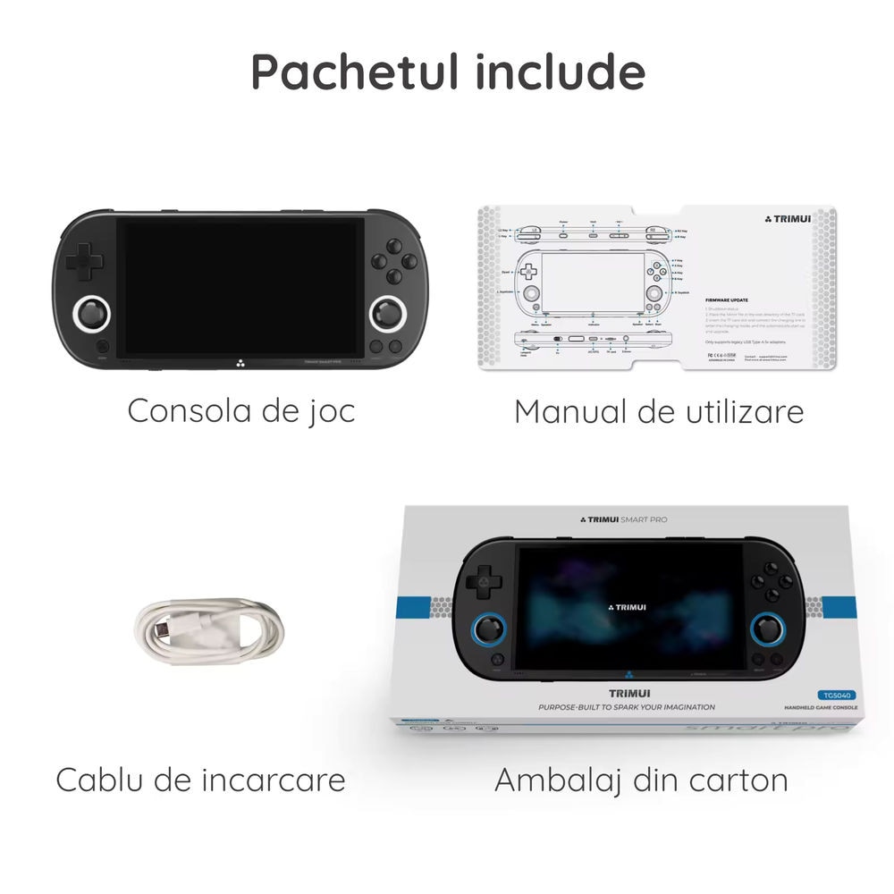 Consola retro portabila TRIMUI Smart Pro cu jocuri, quad core Cortex-A35 1.8GHz, 1GB LPDDR4, IPS LCD 4.96" 1280x720, 5000 mAh, WiFi 5, negru
