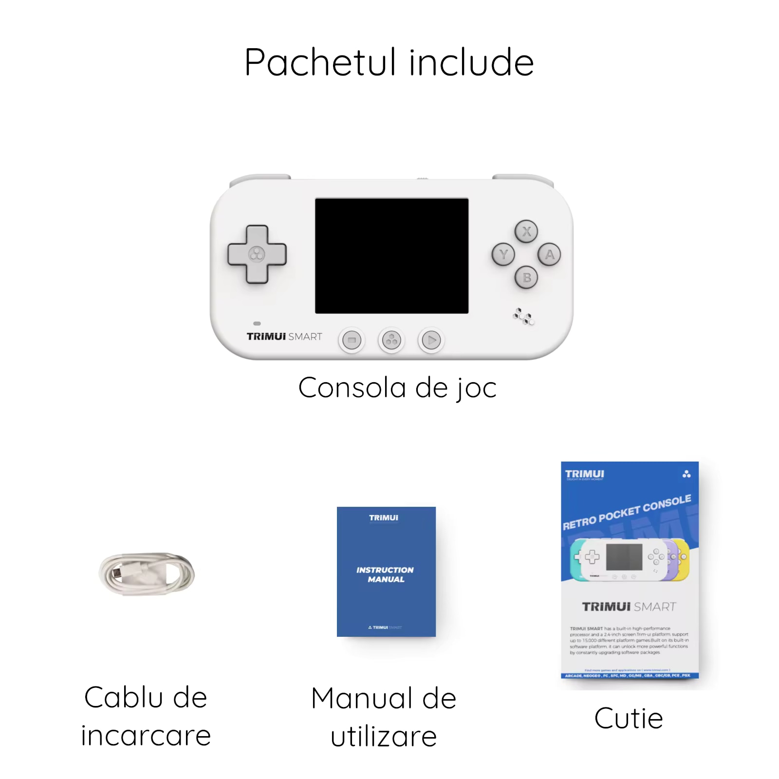 Consola retro portabila TRIMUI Smart 64GB cu jocuri, Cortex-A7 1.2GHz, 128MB LPDDR4, IPS LCD 2.4" 320x240, 1000 mAh, WiFi 4, Bluetooth 4.0, alb