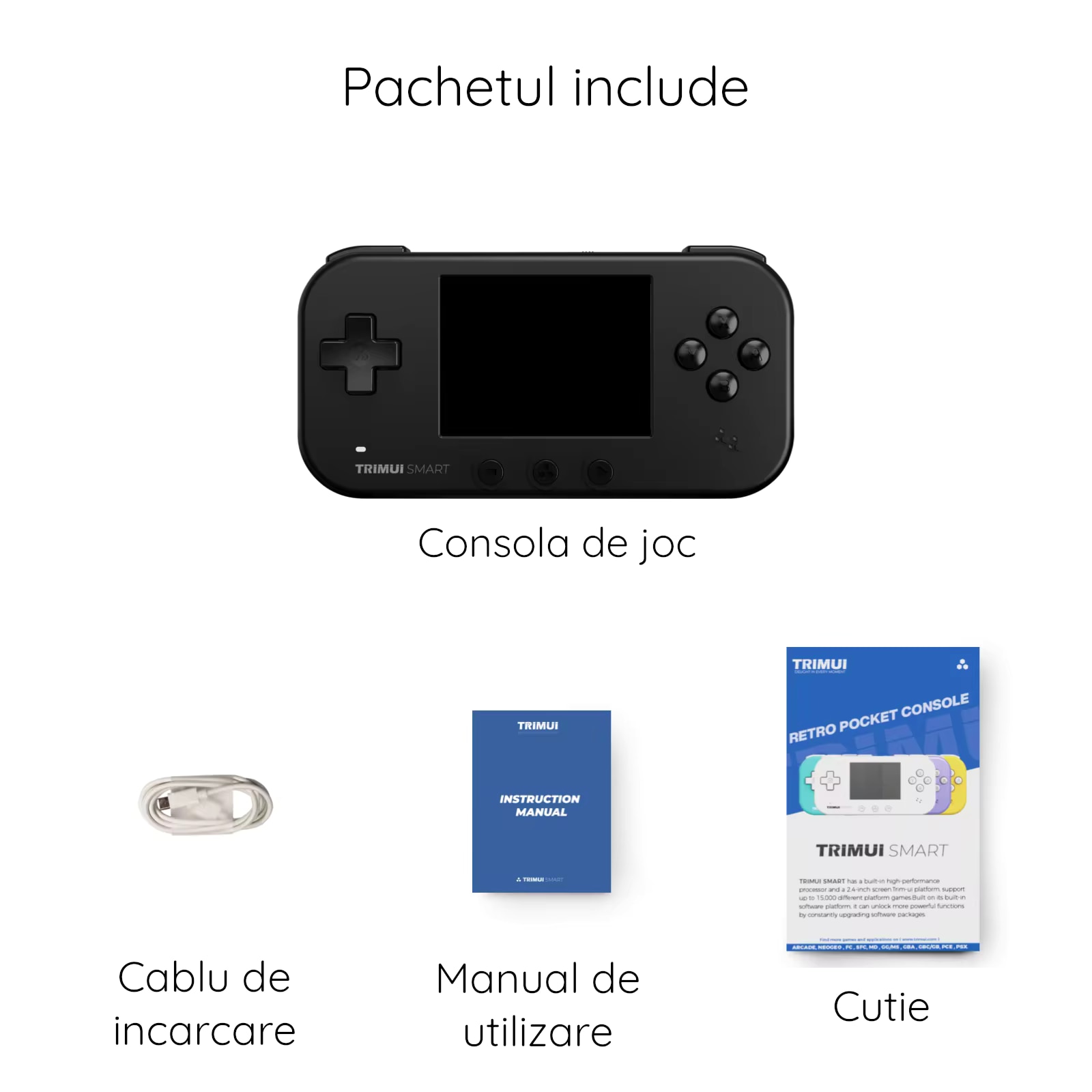 Consola retro portabila TRIMUI Smart 64GB cu jocuri, Cortex-A7 1.2GHz, 128MB LPDDR4, IPS LCD 2.4" 320x240, 1000 mAh, WiFi 4, Bluetooth 4.0, negru