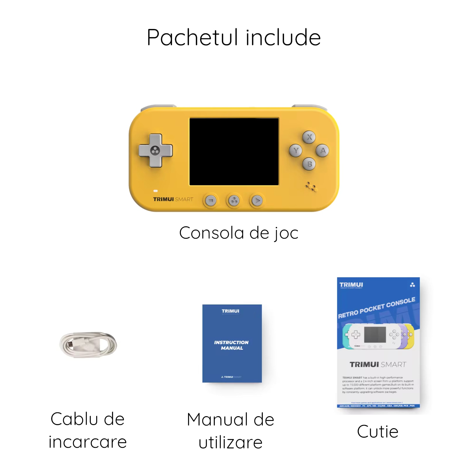 Consola retro portabila TRIMUI Smart 64GB cu jocuri, Cortex-A7 1.2GHz, 128MB LPDDR4, IPS LCD 2.4" 320x240, 1000 mAh, WiFi 4, Bluetooth 4.0, galben