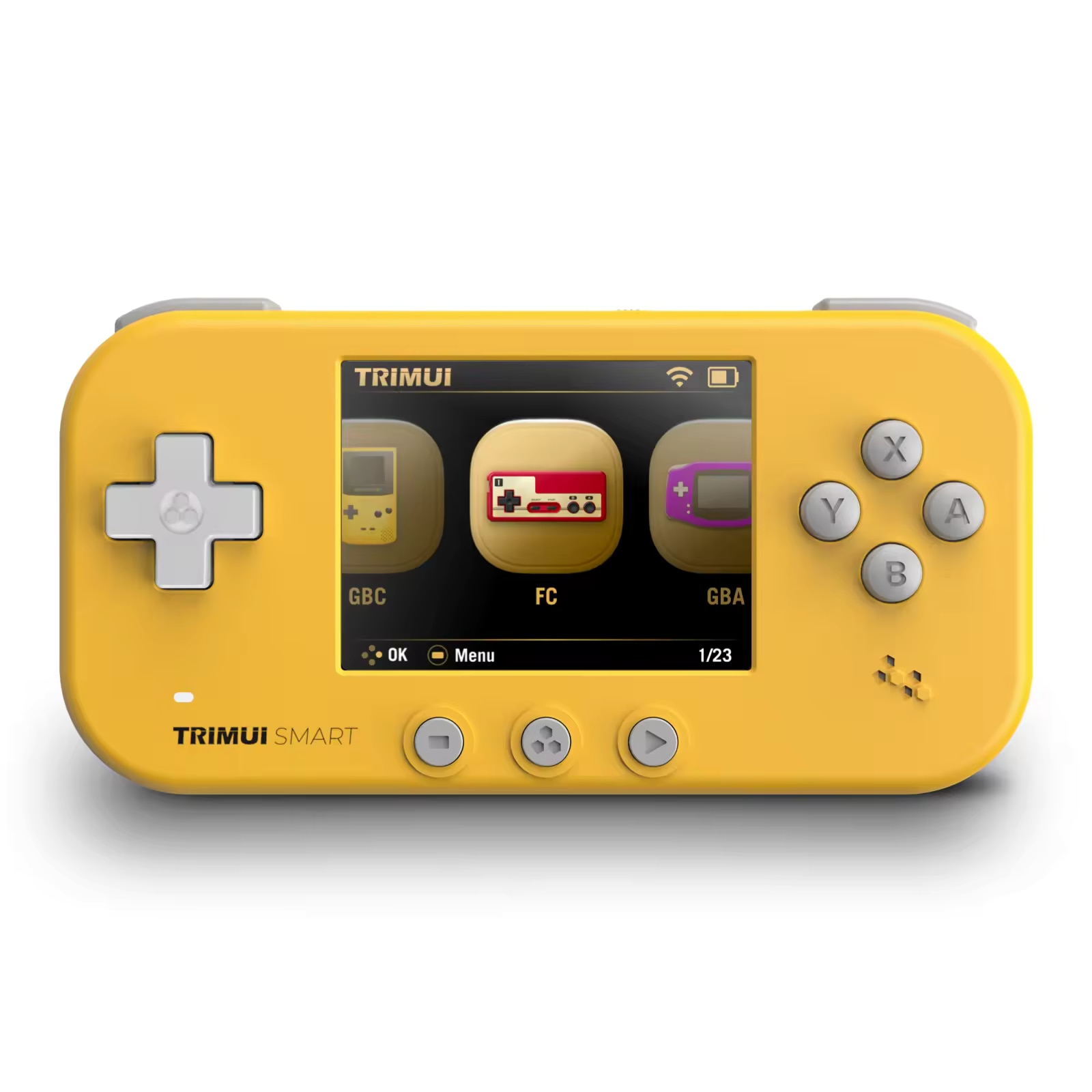 Consola retro portabila TRIMUI Smart 64GB cu jocuri, Cortex-A7 1.2GHz, 128MB LPDDR4, IPS LCD 2.4" 320x240, 1000 mAh, WiFi 4, Bluetooth 4.0, galben