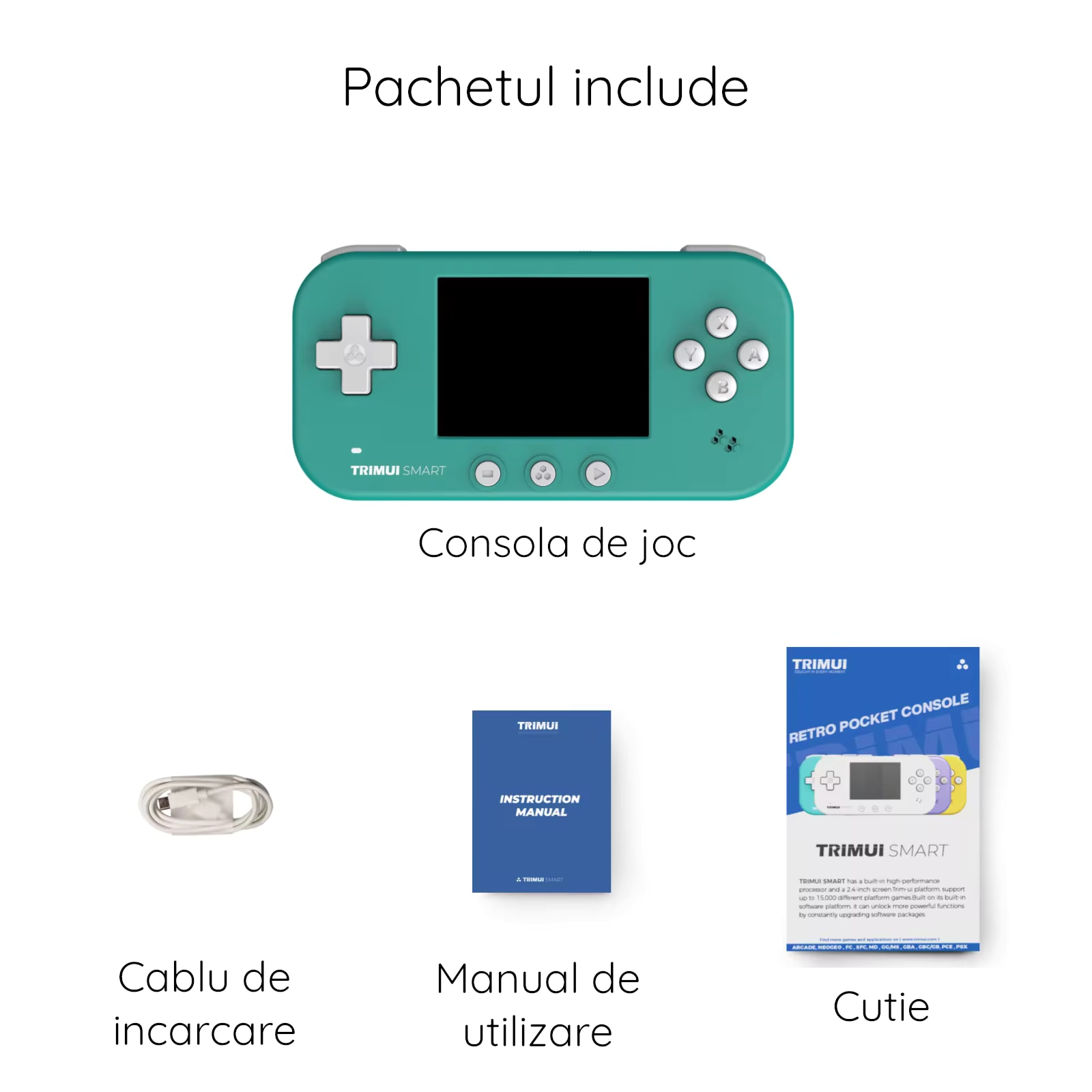 Consola retro portabila TRIMUI Smart 64GB cu jocuri, Cortex-A7 1.2GHz, 128MB LPDDR4, IPS LCD 2.4" 320x240, 1000 mAh, WiFi 4, Bluetooth 4.0, turcoaz
