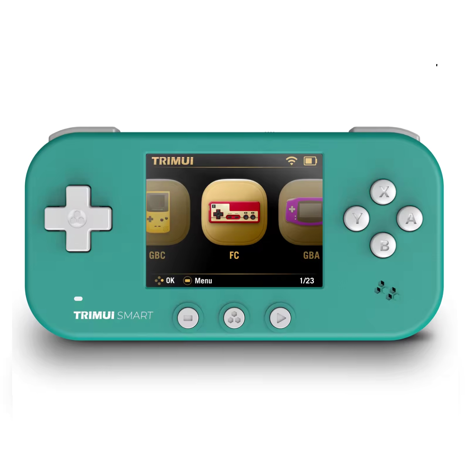 Consola retro portabila TRIMUI Smart 64GB cu jocuri, Cortex-A7 1.2GHz, 128MB LPDDR4, IPS LCD 2.4" 320x240, 1000 mAh, WiFi 4, Bluetooth 4.0, turcoaz