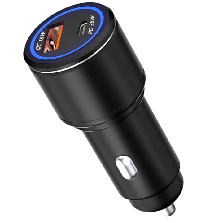 Incarcator Auto Super Fast Charger USB si Type-C Telefon cu Corp Aliaj Aluminiu 54W, cu LED, Quick Charge 4.0, ZIBBA Liefe™ Metalic Negru