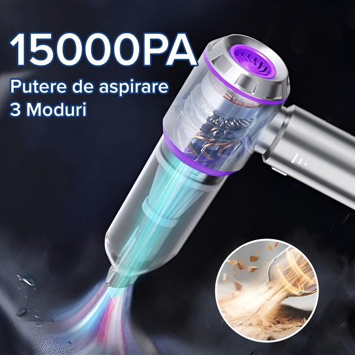 Aspirator Auto 4 in 1 Fara Fir IMA Trend® ST Plus, De Mana, Portabil cu Acumulator, Putere 100W, 3 Viteze, 15000 Pa, Functie Suflanta, Aspirare, 80000 RPM, Filtru HEPA, Incarcare USB Type-C, Uz Casnic, Acumulator 6000 mAh, Argintiu