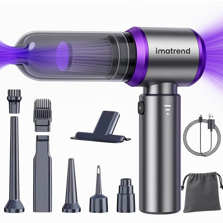 Aspirator Auto 4 in 1 Fara Fir IMA Trend® ST Plus, De Mana, Portabil cu Acumulator, Putere 100W, 3 Viteze, 15000 Pa, Functie Suflanta, Aspirare, 80000 RPM, Filtru HEPA, Incarcare USB Type-C, Uz Casnic, Acumulator 6000 mAh, Argintiu