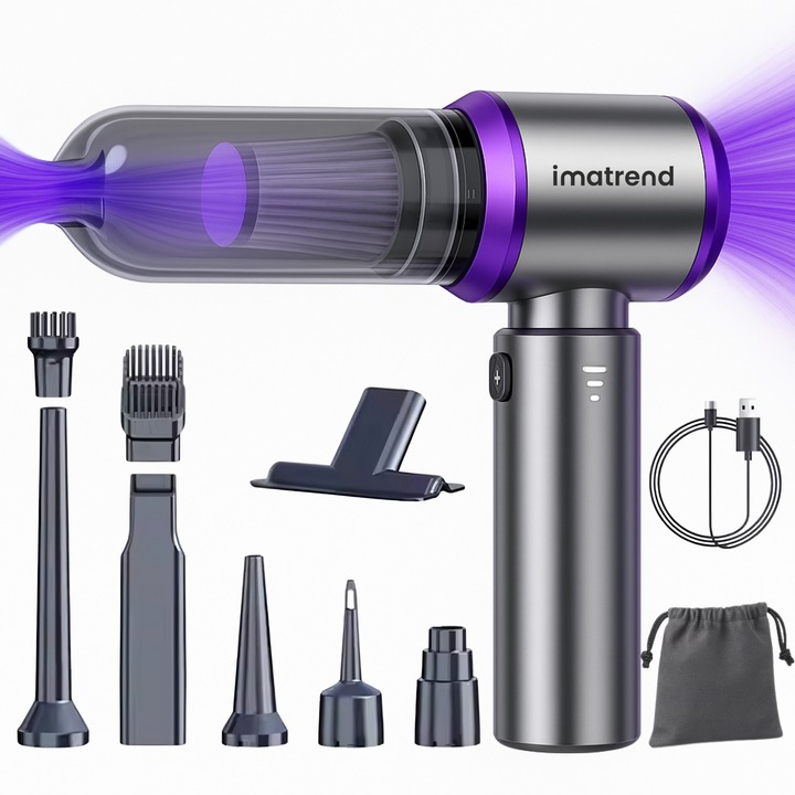 Aspirator Auto 4 in 1 Fara Fir IMA Trend® ST Plus, De Mana, Portabil cu Acumulator, Putere 100W, 3 Viteze, 15000 Pa, Functie Suflanta, Aspirare, 80000 RPM, Filtru HEPA, Incarcare USB Type-C, Uz Casnic, Acumulator 6000 mAh, Argintiu