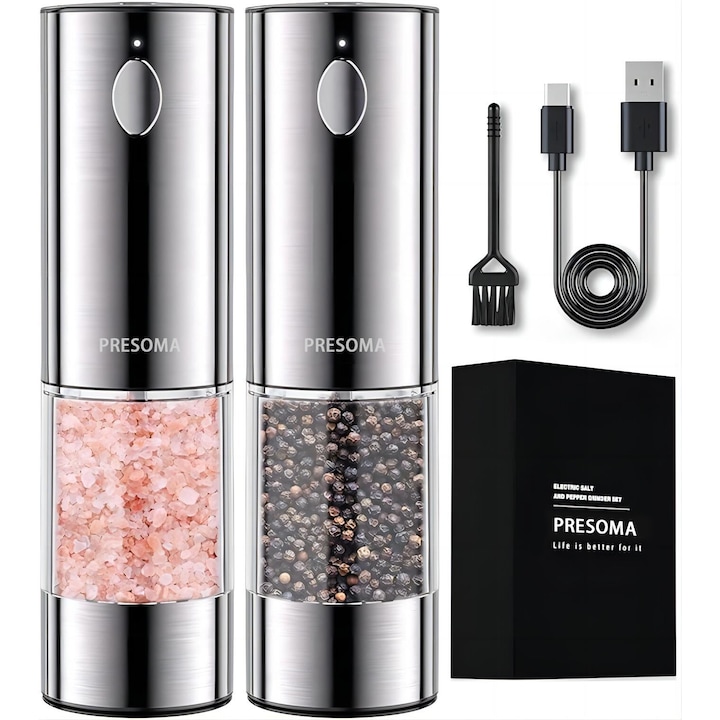 Set de 2 Rasnite Electrice sare si piper, cu camere depozitare transparente, Lumina LED, Reglaj Macinare, 100 ml, Inox, Argintiu cromat
