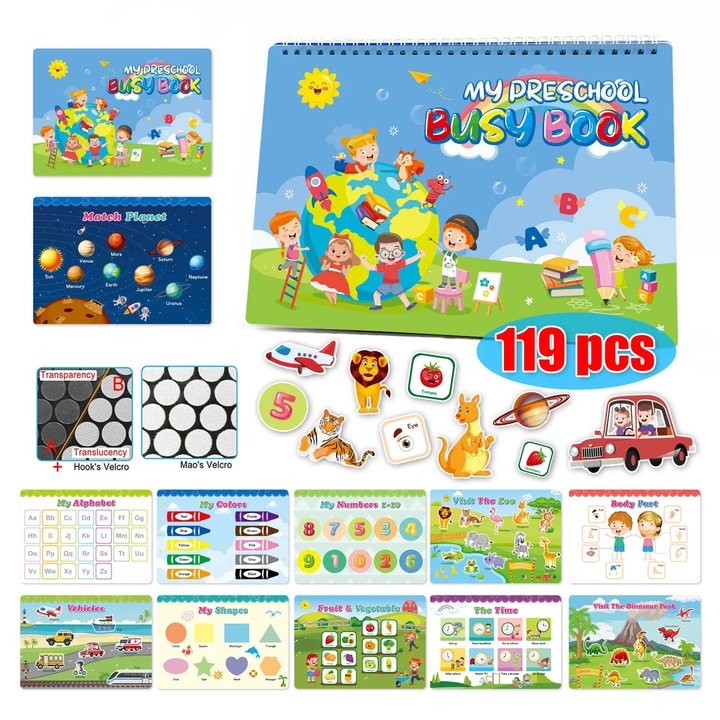 Carte interactiva si educativa pentru copii, My Preschool Busy Book 4, 23 pagini activitati multiple, stickere repozitionabile, Limba Engleza, 3 ani+, EduJucarii