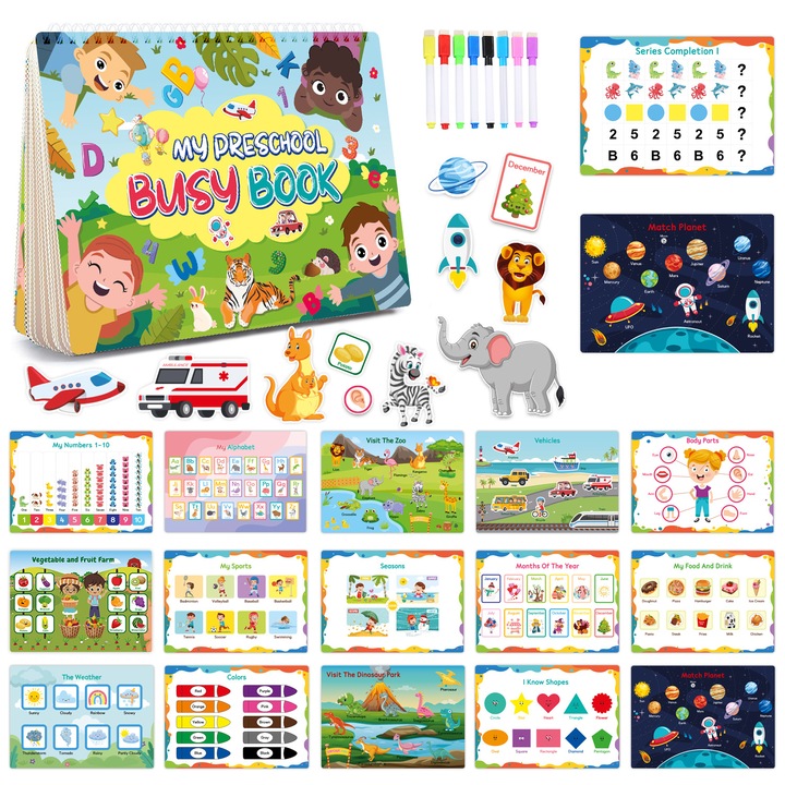 Carte interactiva si educativa pentru copii, My Preschool Busy Book 1, 32 pagini activitati multiple, stickere repozitionabile, Limba Engleza, 3 ani+, EduJucarii